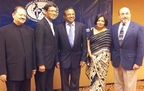 The national AAPI Executive Committee team (from left to right): Dr. Ajay Lodha, Treasurer; Dr. Jayesh Shah, President-Elect; Dr. Narendra Kumar, President; Dr. Seema Jain, Secretary; and Dr. Ravi Jahagirdar, Vice-President.
